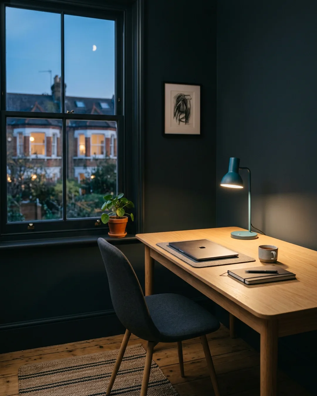 Minimal UK office at dusk